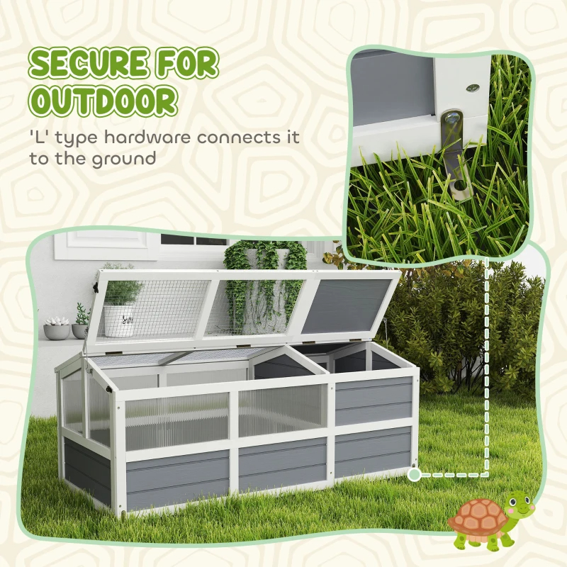 PawHut Wooden Tortoise Habitat Outdoor W Bottomless Design, Doors, PC Sun Panel Windows, For Small Animals, Rabbit, Light Gray