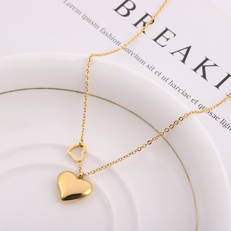 Peach Heart Titanium Steel Necklace Double Chain 18K Gold Cold Wind Jewelry