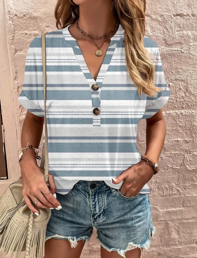 Printed Twisted Button Fashionable Short Sleeved Women Horizontal Blue - Shop at LoveMi