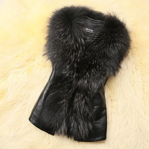 Faux Fur Vest And Fur Coat Short Raccoon Fur Collar Vest Black - Shop at LoveMi