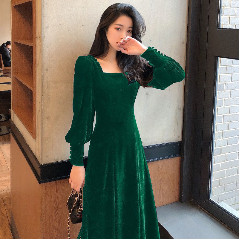 Gold Velvet Women's Slim Square Neck Hepburn Style Autumn And Winter Long Dress Dark Green - Shop at LoveMi