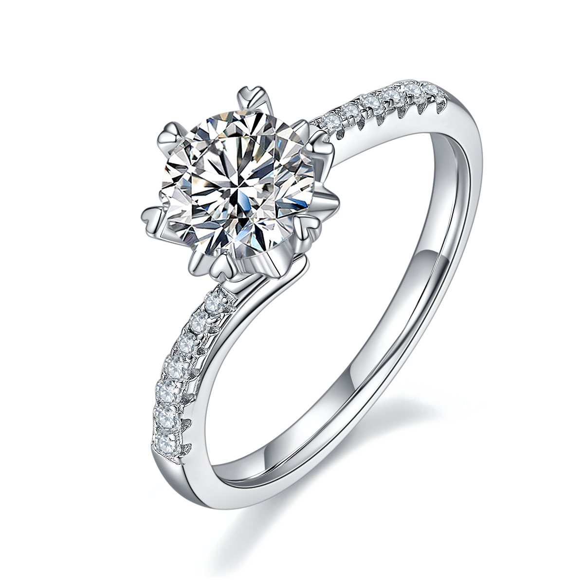 S925 Sterling Silver 1ct Moissanite Engagement Ring, D-VVS1 Round Cut, Platinum Plated, 6-Prong Heart Setting, US Sizes 5-9 With GRA Certificate Gift 