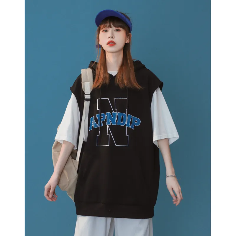 Women's Vest Loose Outer Wear Summer Retro Short-sleeved Design Sense Niche Cotton Basketball Uniform Top - Black