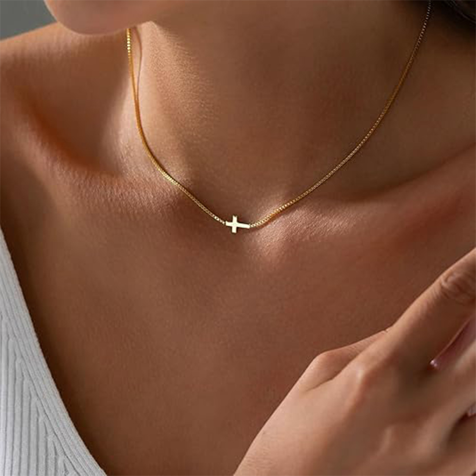Cross Necklace For Women 14K Real Gold Silver Plated Dainty Small Cross Pendant Choker Simple Trendy Cute Cross Charm Chain Necklace Easter Basket Stuffers Baptism Religious Faith Jewelry Gift