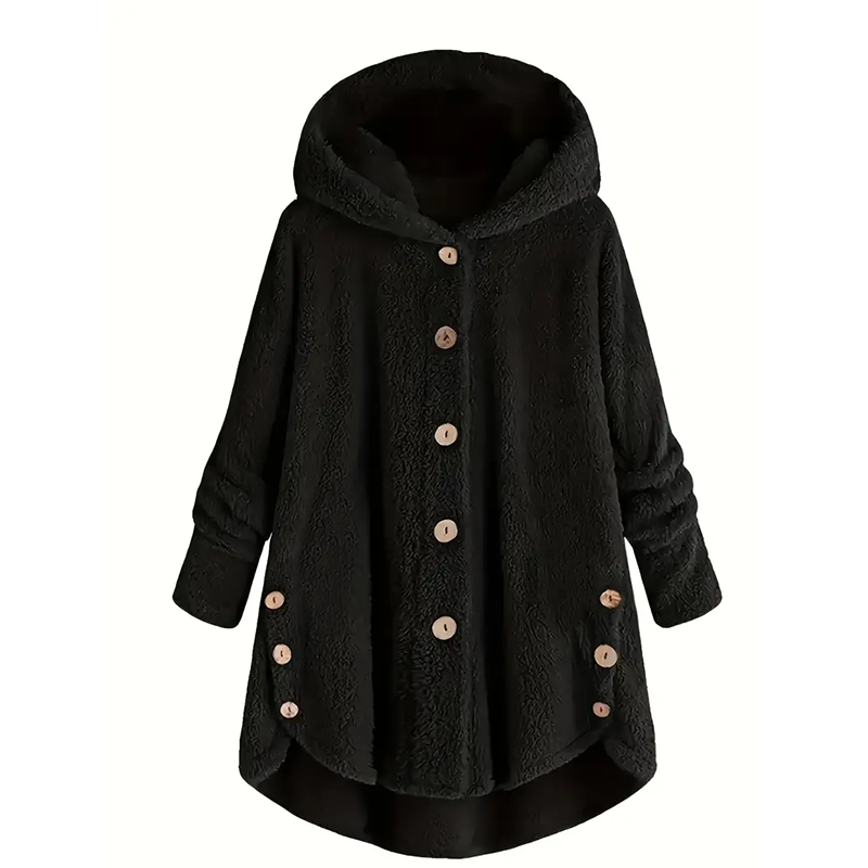 Plus Size Women's Vintage Sherpa Hooded Cardigan Plush Lined Button Up Jacket For Autumn And Winter Black - Shop at LoveMi