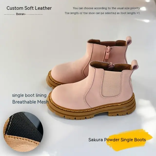 Leather Single Cotton Short Boots Ankle Middle Cherry Blossom Powder 34 - Shop at LoveMi