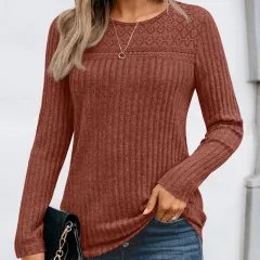 Women's Hollow Out Pullover - Soft Lightweight Long Sleeve Top For Spring Fall Outfits - Caramel - View 1