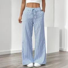 Women's Striped Print Straight Wide Leg Pants Drawstring Waist Slant Pockets Pants Casual Long Pants - Blue - View 1
