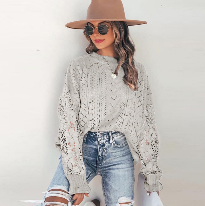 Loose Round Neck Cutout Floral Long-sleeved Sweater