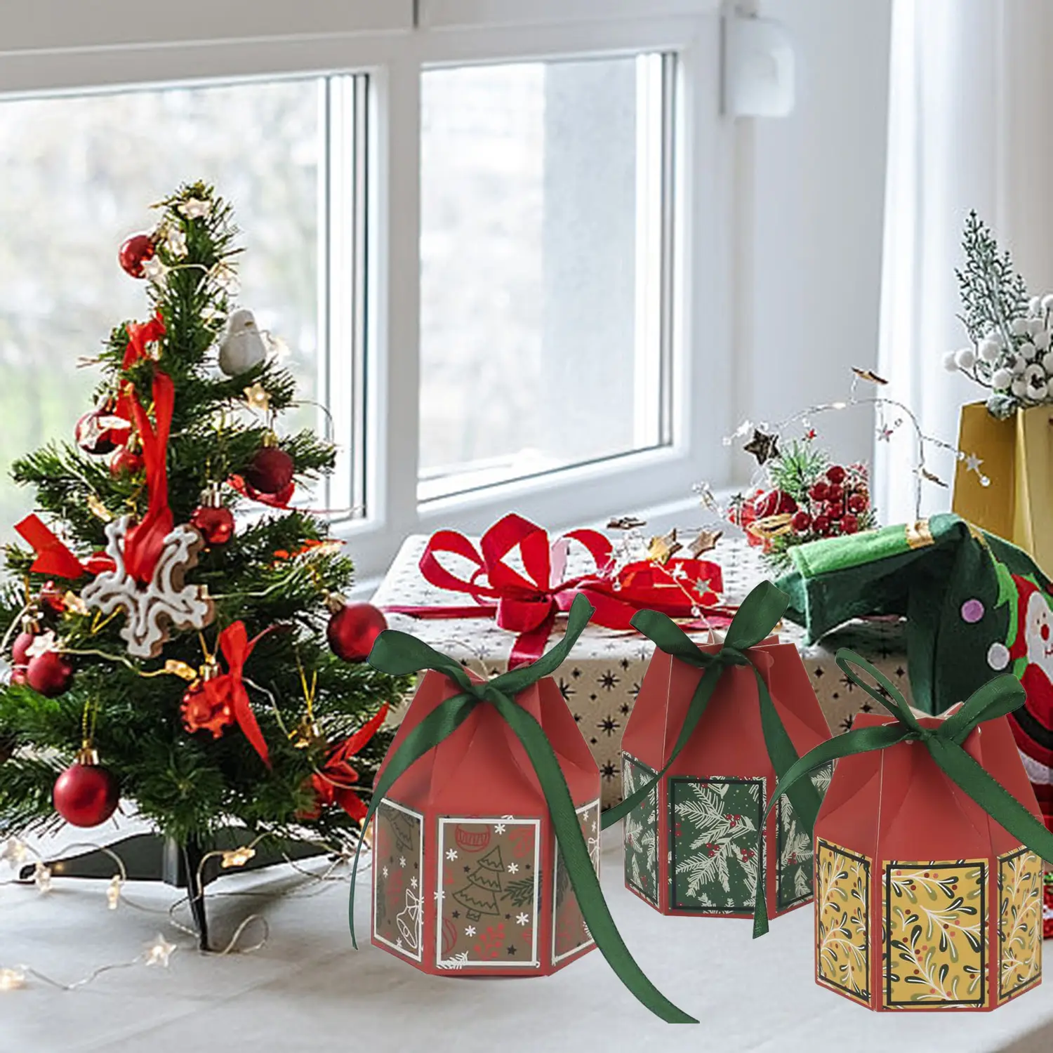 20PCS Christmas Treat Boxes With Ribbons Paper Christmas Tree Bells Pattern Goodie Box Retro Candy Bakery Box For Christmas Party Favors Wrapping Supplies