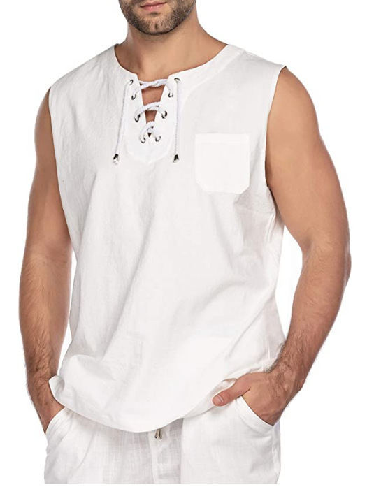 New Men's Sleeveless Shirt Lace-Up Cotton And Linen Short Sleeve T-Shirt