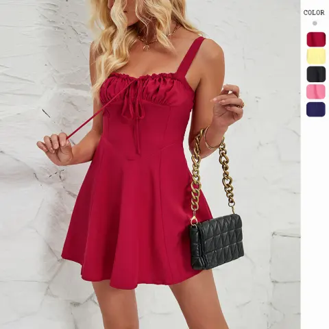 Summer Sleeveless Solid Color A-line Dress Lace-up Suspender Mini