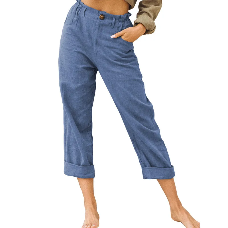 Women's Joggers Pants Fashion High Waist Casual Pants With Pockets - Denim Blue