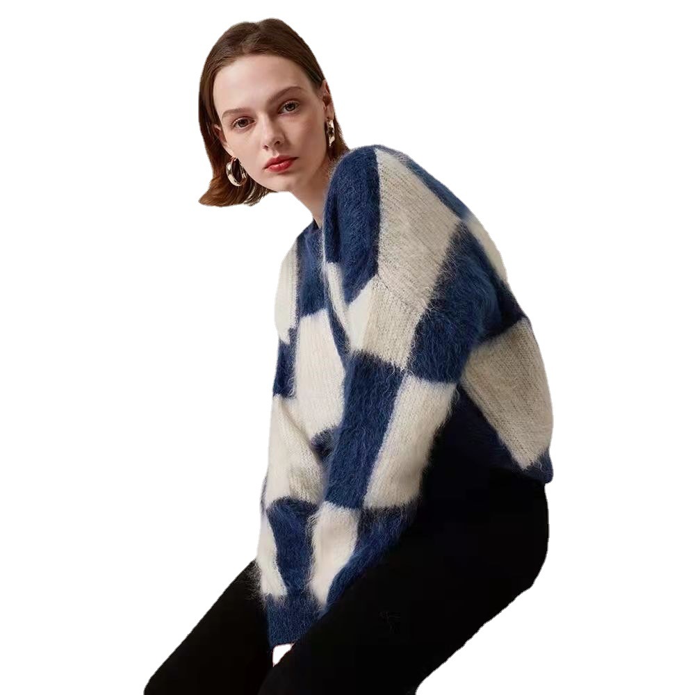 Slim Double Checkered European Version Mohair Knitted Sweater