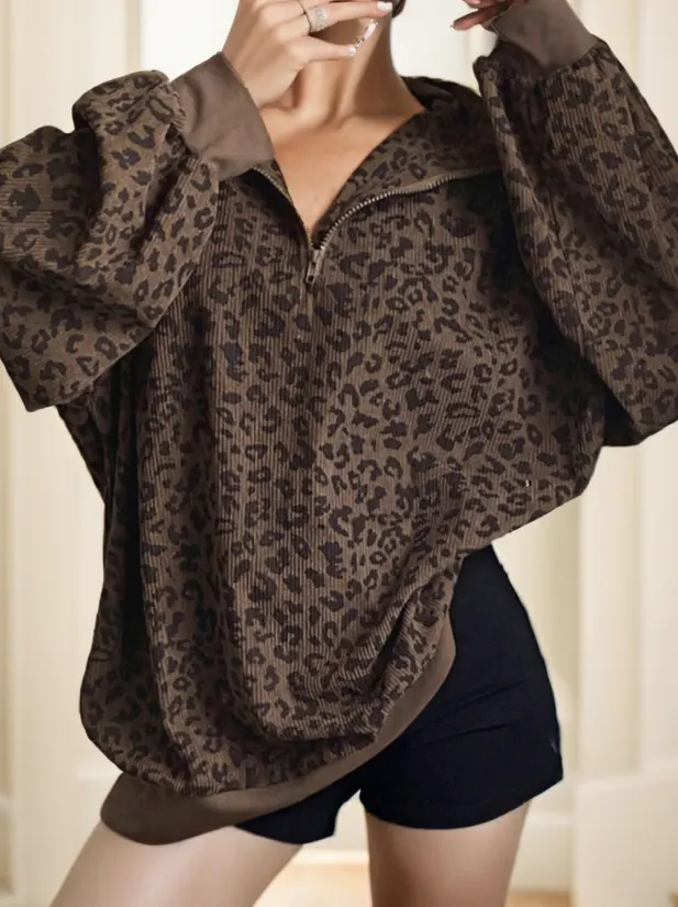 Women Casual Zip Up Front Long Sleeve Leopard Print