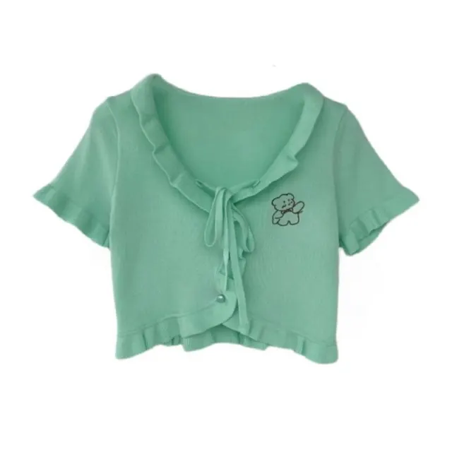 Cute Bear Embroidered Ruffled Soft Knitted Short sleeved Crop Top Green - Shop at LoveMi