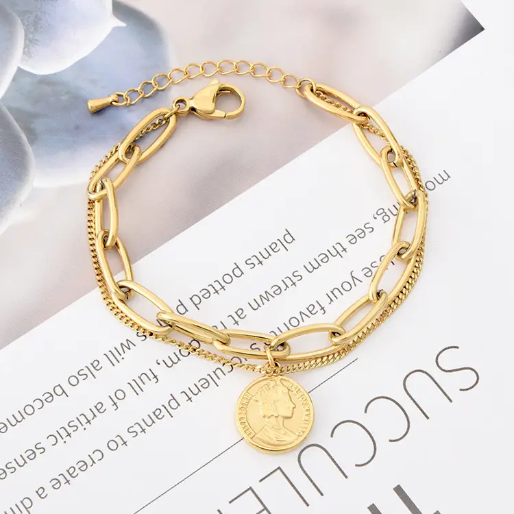 Gold Plated Chunky Statement Medal Pendant Bracelet