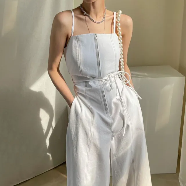 Retro Zipper Design Wide Leg Pants Double Pocket High Waist Straight Sling Jumpsuit Women White - Shop at LoveMi
