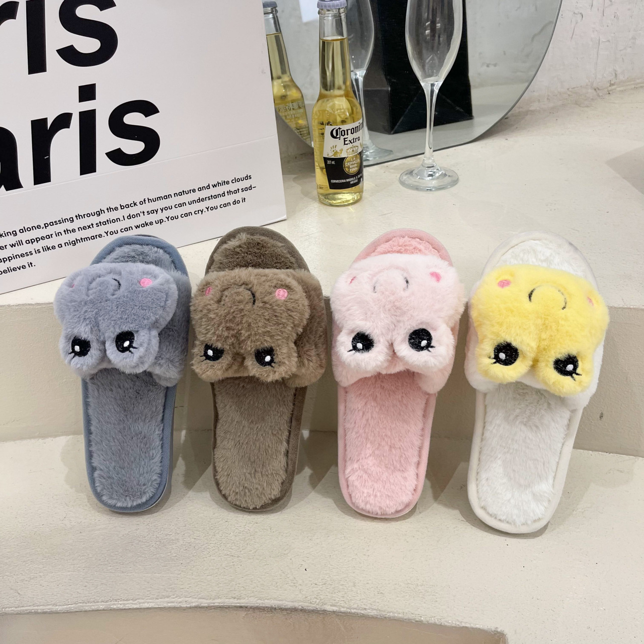 Female Cartoon Flat-bottomed Warm Wool Slippers