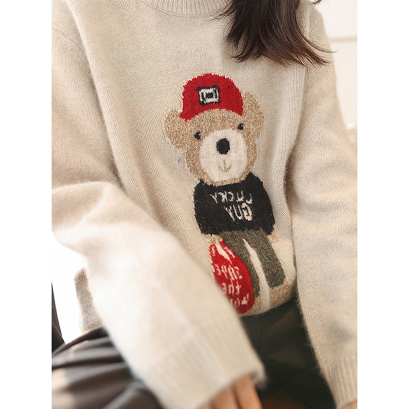 Cartoon Age Reduction Bear Embroidery Round Neck Sweater Women