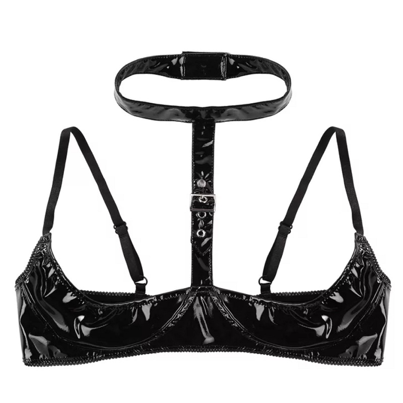 Title 2, Soutien-gorge noir en cuir verni, coupe basse, ...