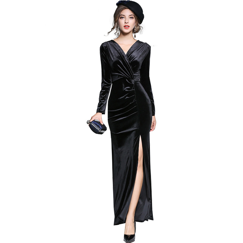 Long Sleeve Pleated Slit Dress Banquet Evening Dress Black - Shop at LoveMi