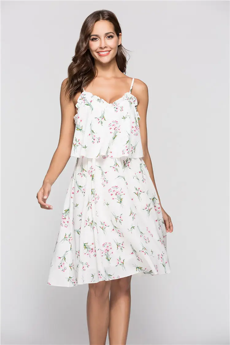 V-Neck Loose Back Loose Dress With Printed Suspenders