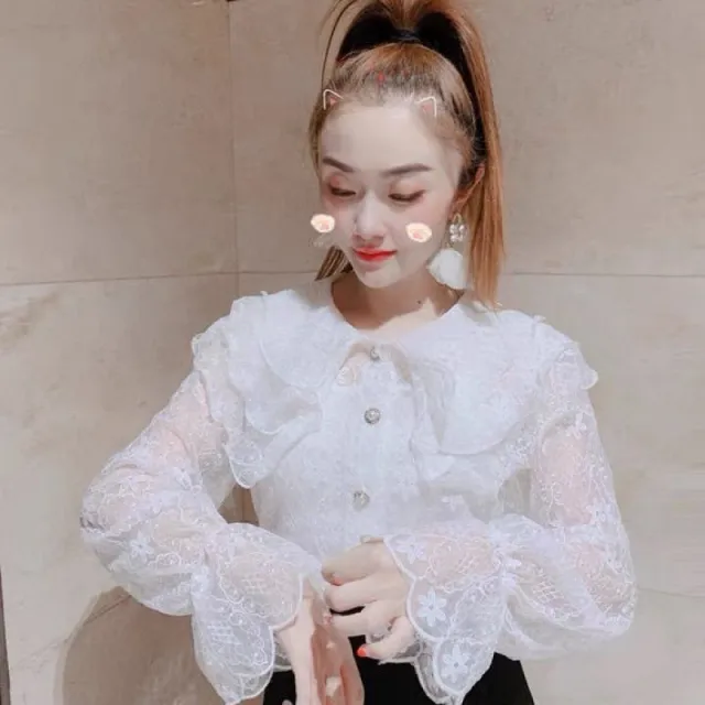 Autumn Fashion Big Lapel Heavy Lace Shirt Female White With Suspenders - Shop at LoveMi