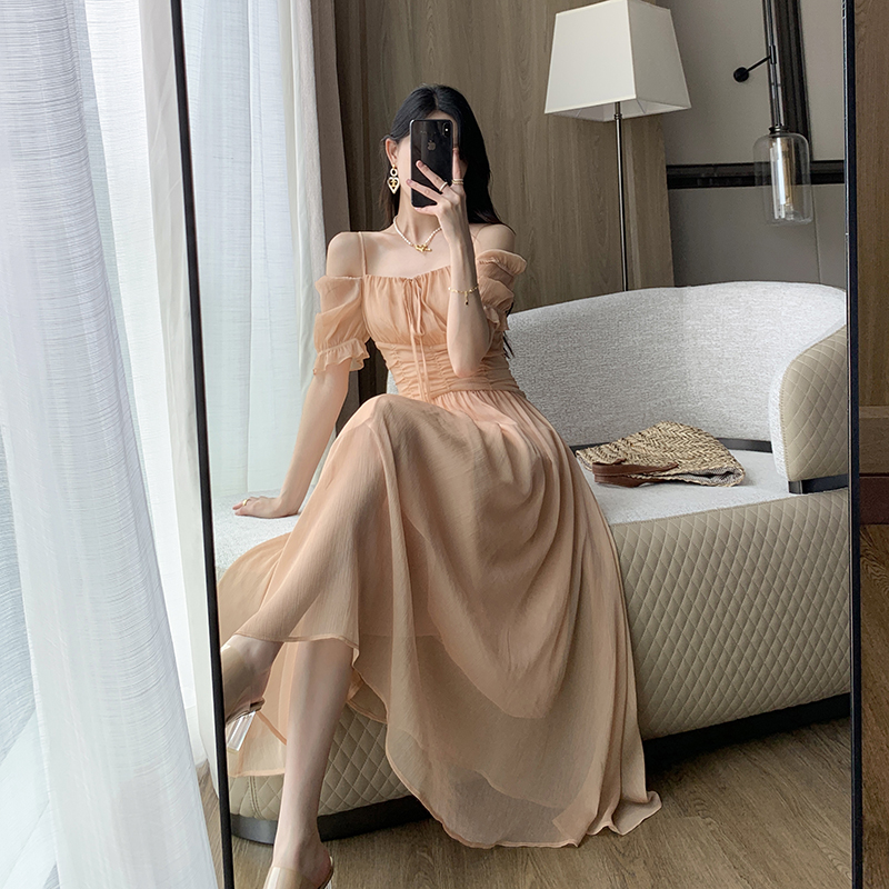 French Tea Break Waist Wrapped Soft Texture Long Dress