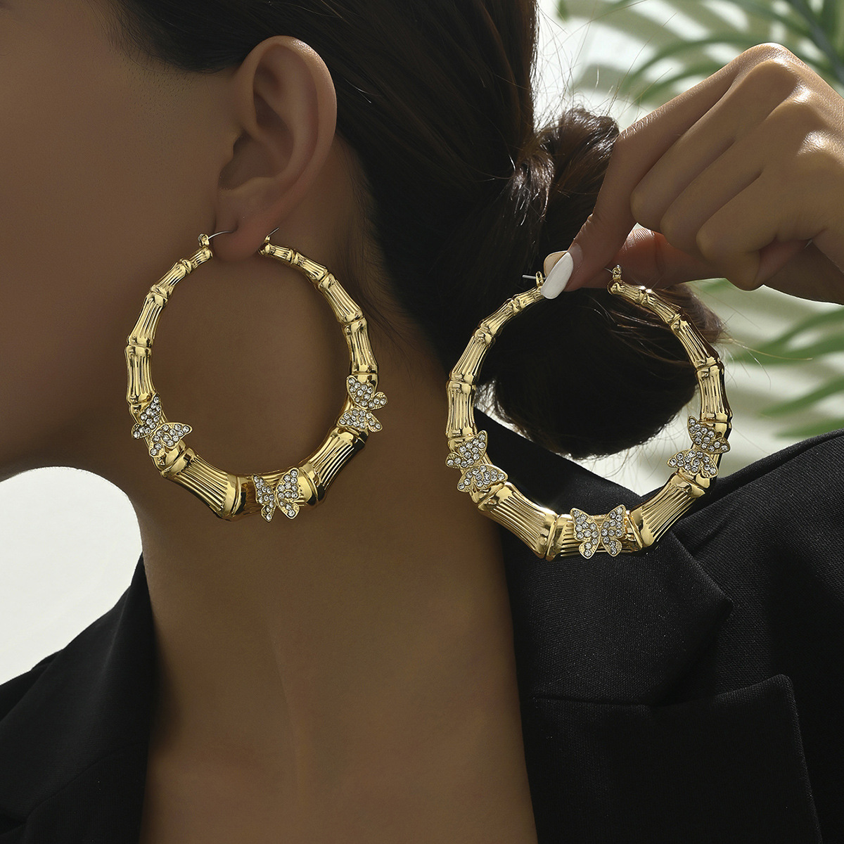 Cross-border European American Women Ear Jewelry, Niche Big Hoop Stud Earrings With Butterfly Shape Inlaid Cubic Zirconia, Elegant Versatile Daily Ear