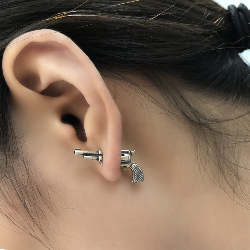 Sterling Silver Three-dimensional Miniature Pistol Earrings