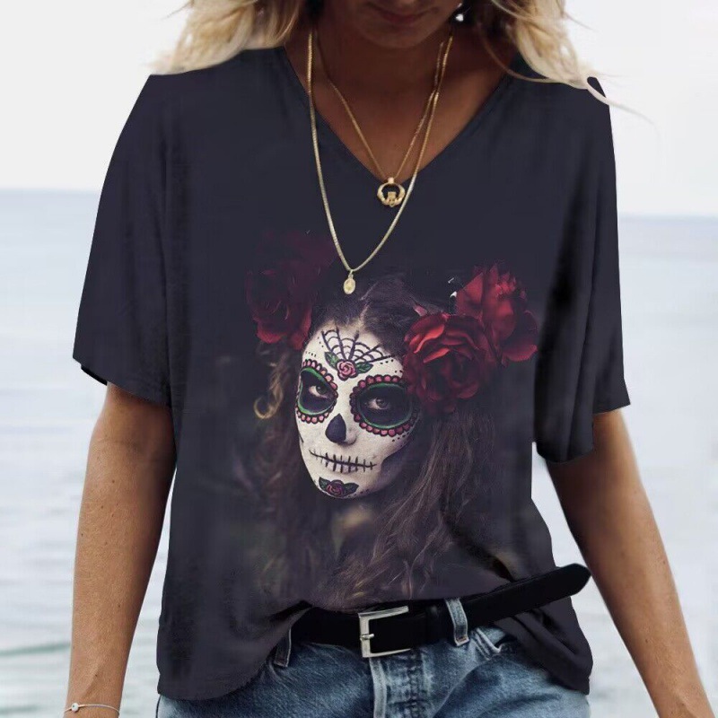 V neck Fashion Versatile Casual T Shirt Red Demon Concubine - Shop at LoveMi