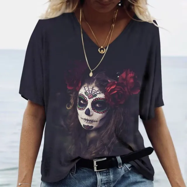 V neck Fashion Versatile Casual T Shirt Red Demon Concubine - Shop at LoveMi