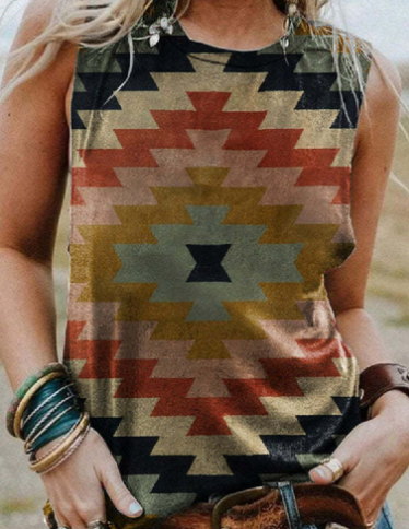 Retro Print Round Neck Short Sleeve Women's T-shirt