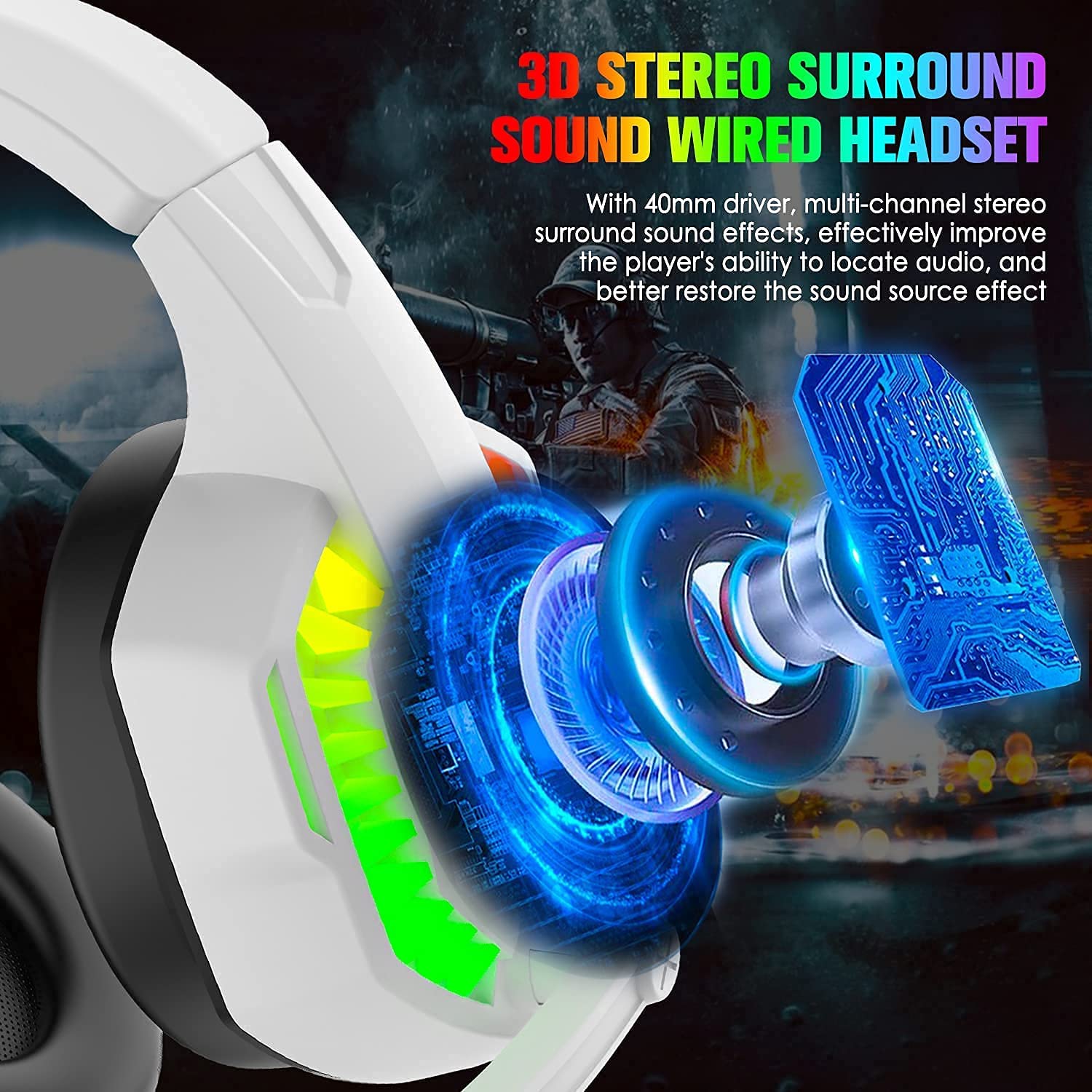 Wired Gaming Headset With Rainbow RGB Backlight Retractable Stereo Sound For PS4 White 6