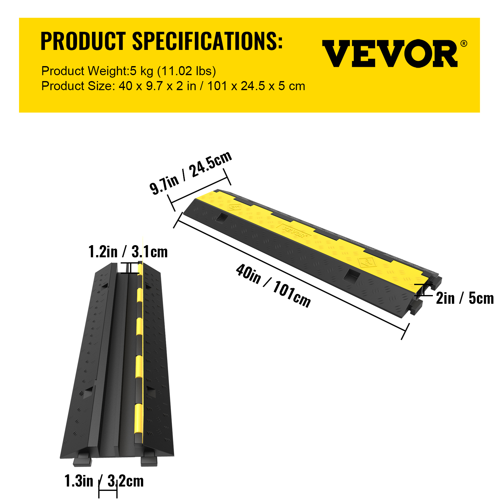 VEVOR Rubber Cable Protectors Heavy Duty Wire Hose Cord Protective Cover Ramps Floor Driveway Speed Bump, 3 Pack 2 Channel 11000lbs image 5