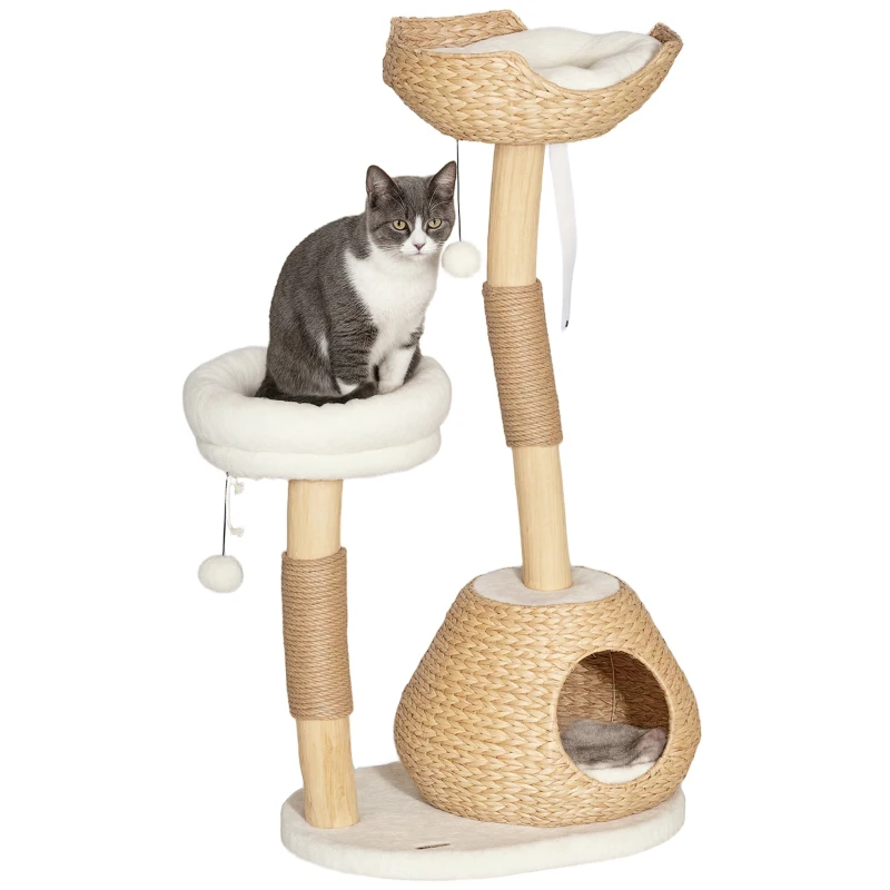 Cat Tree For Indoor Cats With Wooden Cat Scratching Posts, Cat Condo, Cat Beds & Toy Balls, Cream White