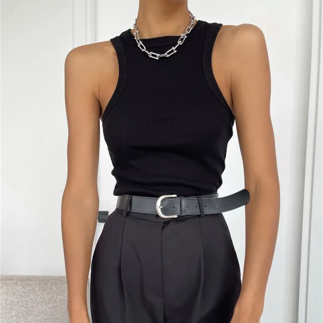 Sleeveless Knitted Vest Cotton Slim Rib Pit Strip Casual Top Black - Shop at LoveMi