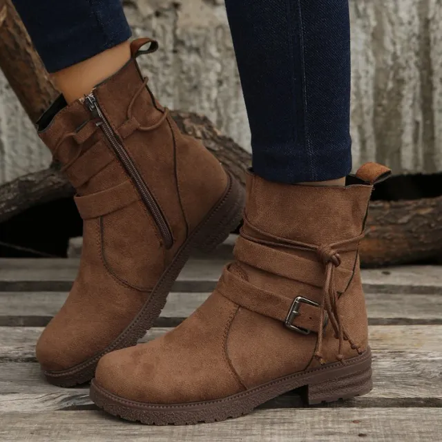 Round Toe Buckle Shoes Casual Retro Boots With Side Zipper Low Heel Outdoor Non Slip Ankle Boots For Women Brown - Shop at LoveMi
