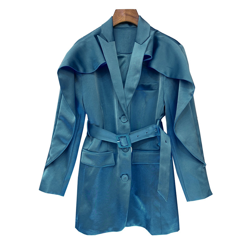 Women's Mid length Coat With Lotus Leaf Sleeves Waist Design Blue - Shop at LoveMi