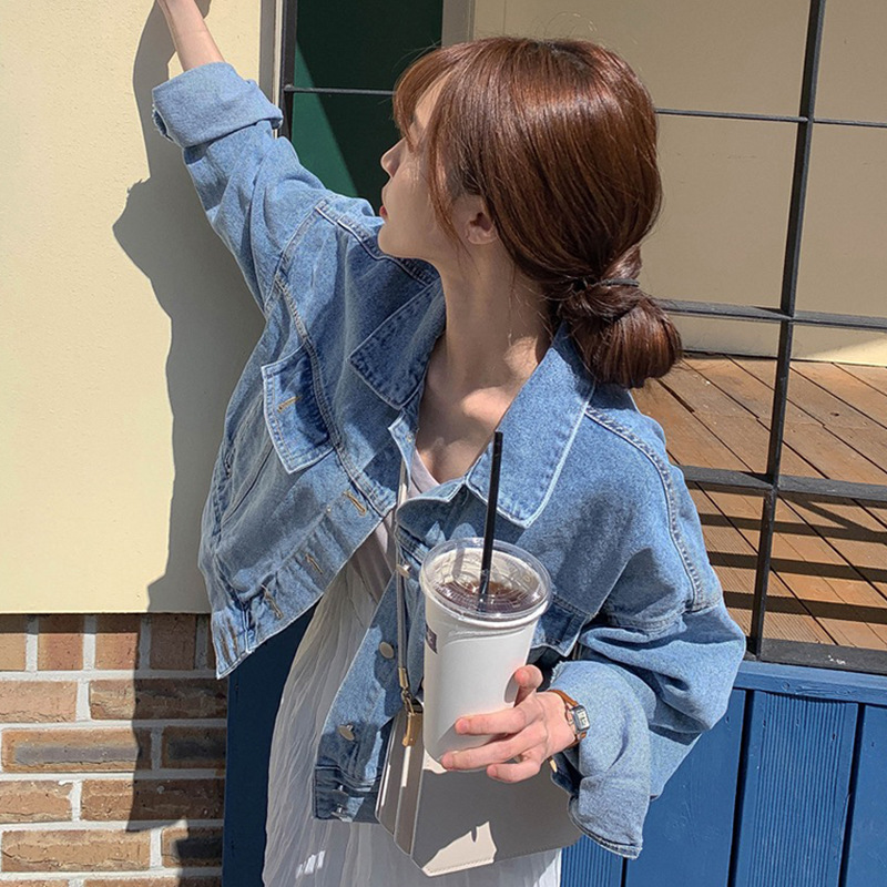 Women's Fashion Vintage Washed Lapel Double Pocket Denim Jacket