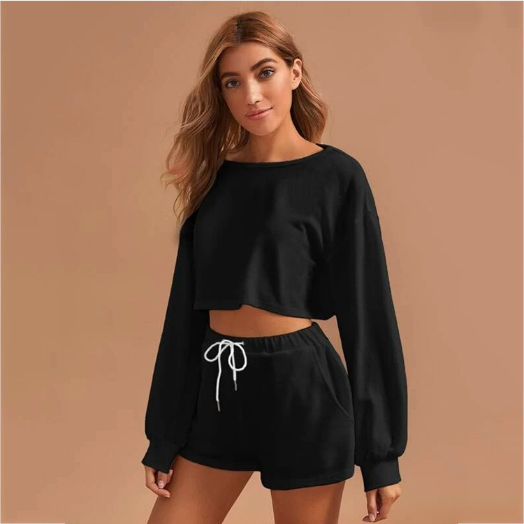 Women's Solid Color Round Neck Long-Sleeved Drawstring Short Two-Piece Casual Sweater