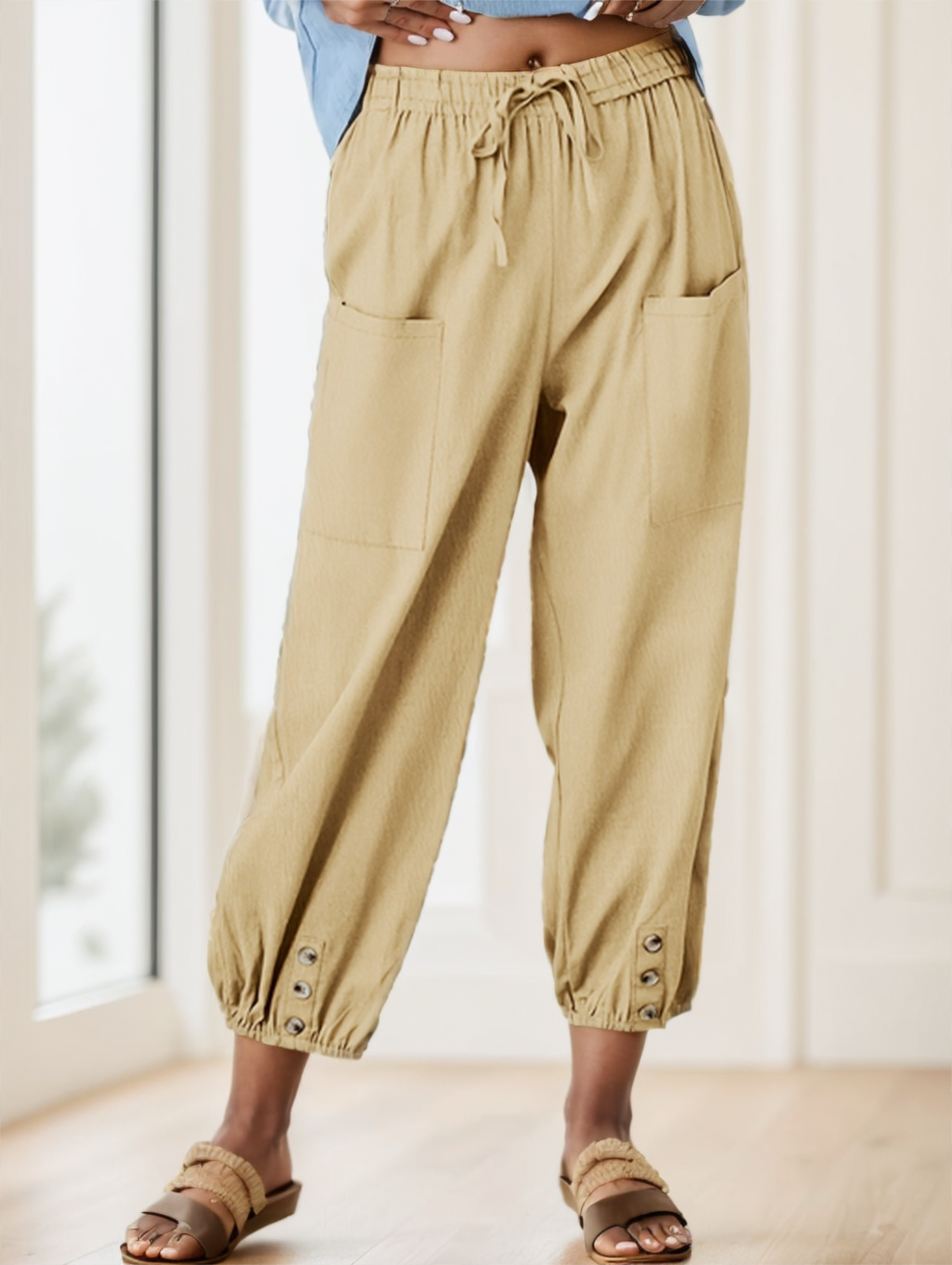 Wide Leg Capri Pants, Loose Casual Drawstring Waist Pants, Women's Clothing