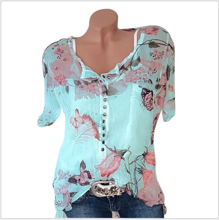 Short Sleeve Printed Shirt Button Top Chiffon Shirt - Green