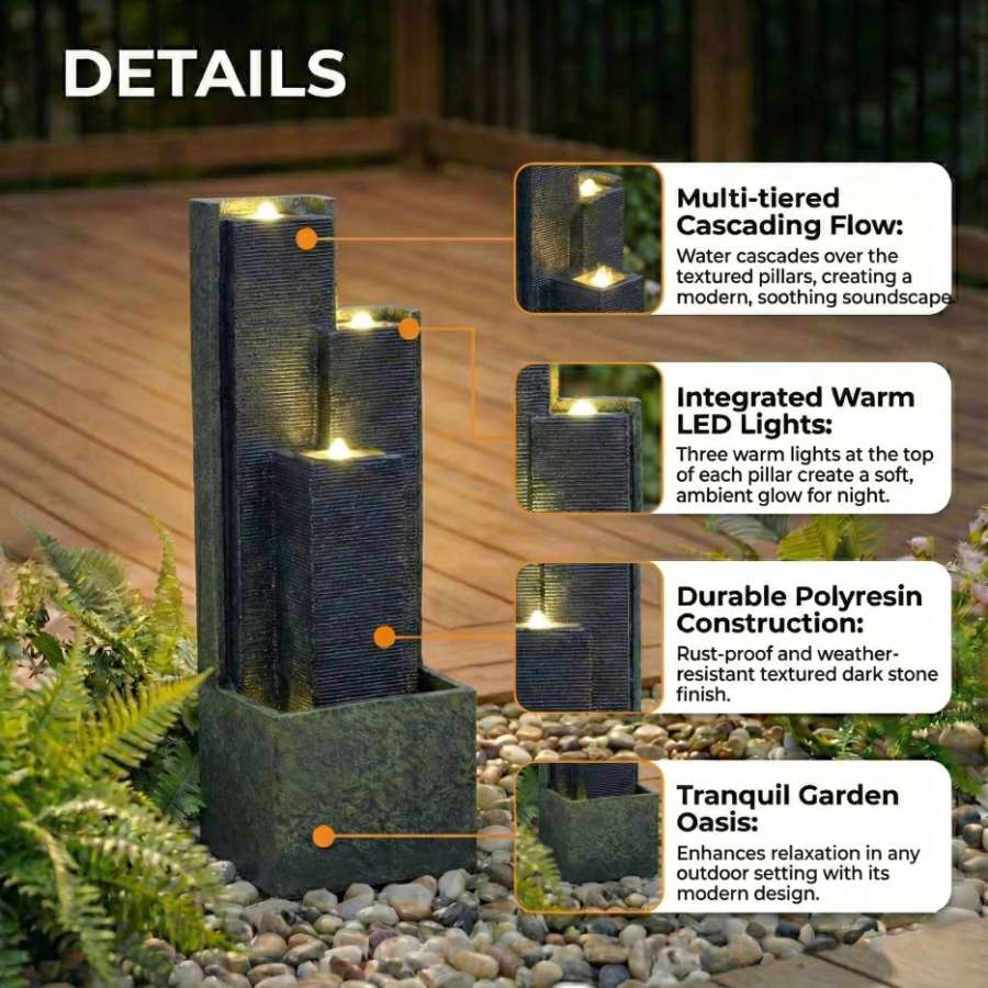 39inch H Outdoor Water Fountain Modern Cascading Freestanding Fountain With LED Lights For Garden Patio Porch Lawn Decor