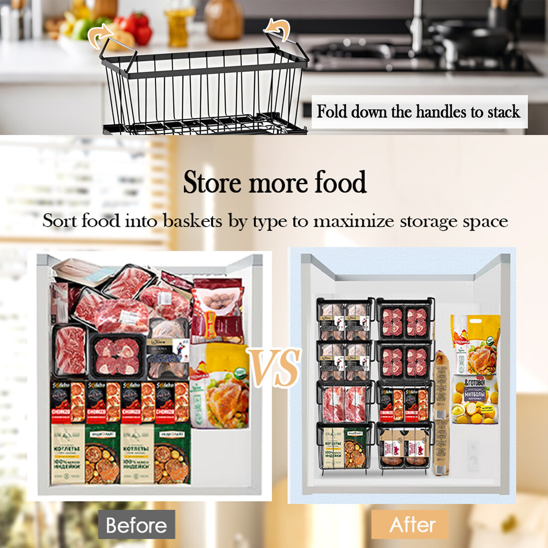 Chest Freezer Baskets - 5 Pack Stackable Organiser Ches Black