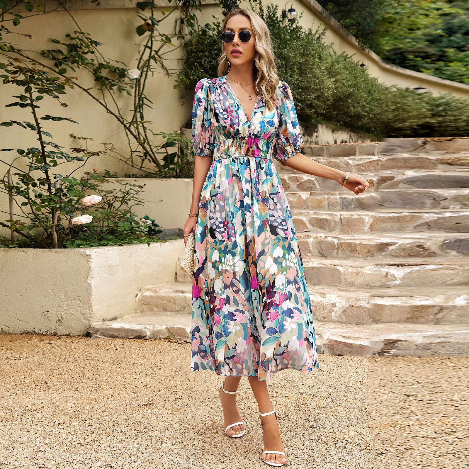 Elegant Summer Floral Print Dress With Deep V-neck Design And Waist Tie