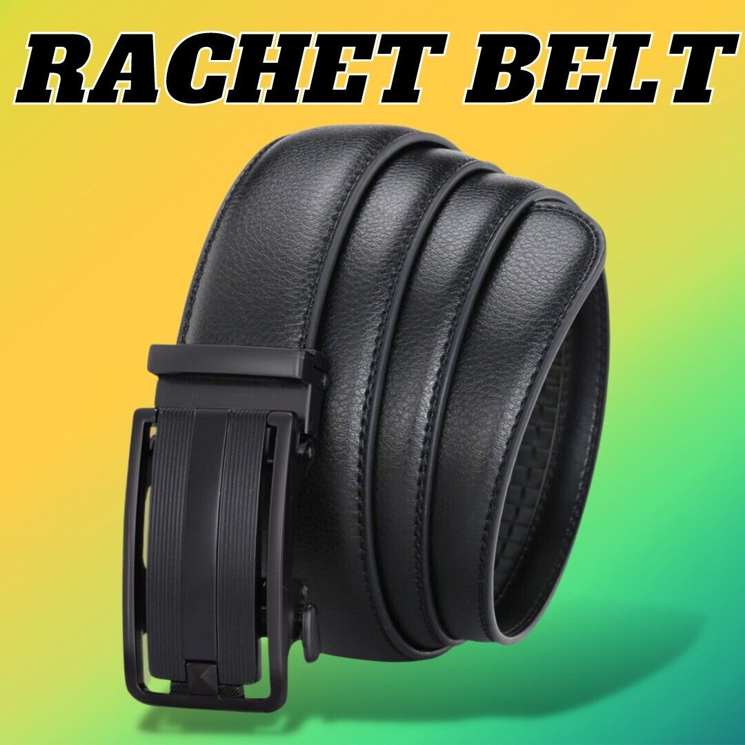 Ratchet Leather Belt with Slide Buckle for Men. USPS First Class Package 2 Day Handling , 2-5 Day Shipping. Microfiber PU Leather Ratchet Belt Belts For Men Adjustable Size with Automatic Slide Buckle No Holes by KT Deals. Ratchet Closure - made of high q