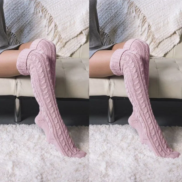 Fashionable Temperament Solid Color Knitted Over knee Pile Socks Pink - Shop at LoveMi