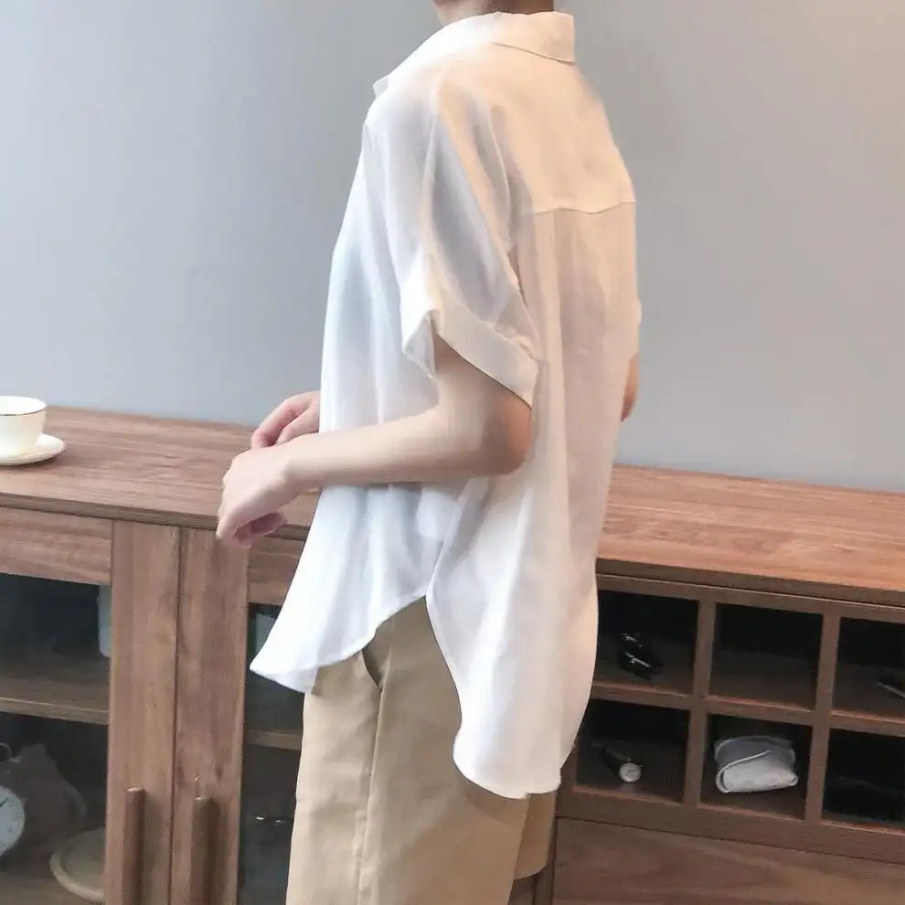 Women's Solid Color Loose Chiffon Short Sleeve Shirt